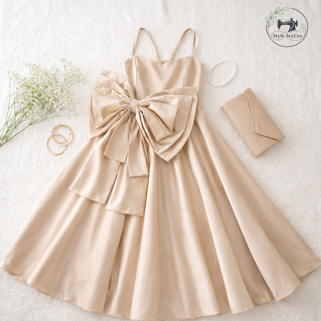 Robe élégante en satin champagne confectionnée par Style JeyCey